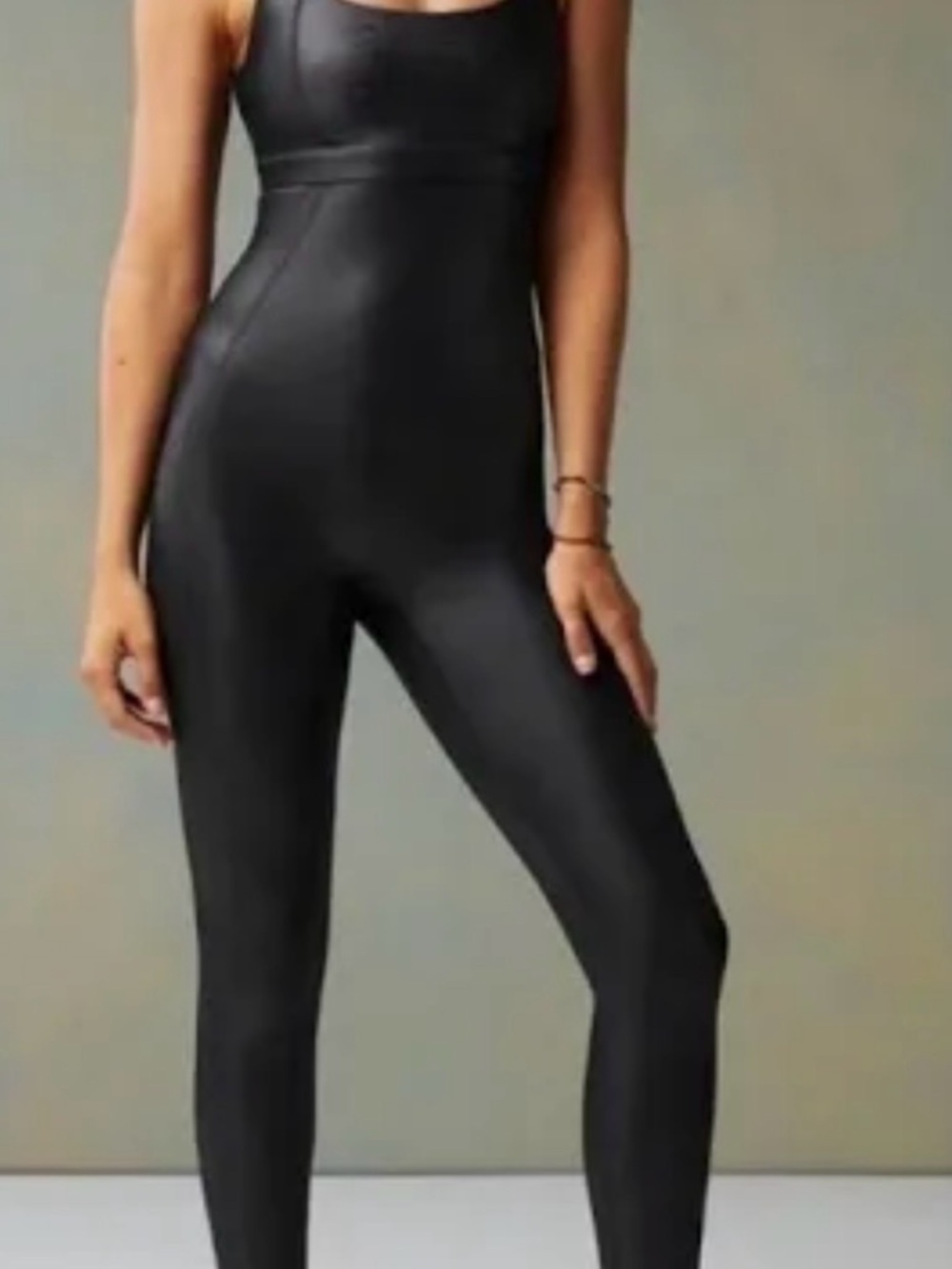 Fabletics Black Faux-Leather Scoop Neck Jumpsuit